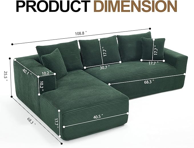 Sectional Sofa Couch Boneless Couches for Living Room Cloud Sofa with Oversized Chaise Corduroy Fabric L-Shaped Couch with Pillows No Assembly Required Left Facing Chaise Green