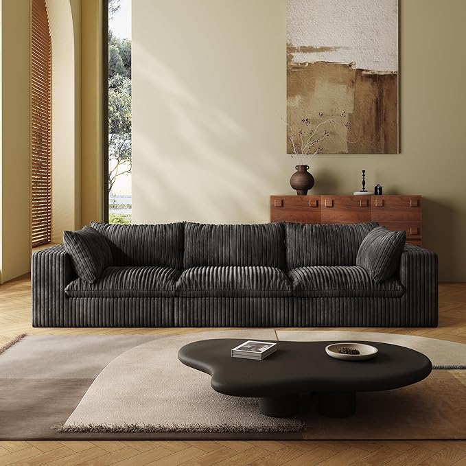 118-inch Boneless Cloud Sofa Modular Corduroy Sectional Couch with Full Foam Compression for Living Room Bedroom Apartment No Assembly Required (Black 3 Seater)