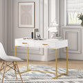 Modern Computer Desk/Writing with 2 Drawers for Bedroom Home Office Gold White Contemporary Rectangular Metal Wood Matte