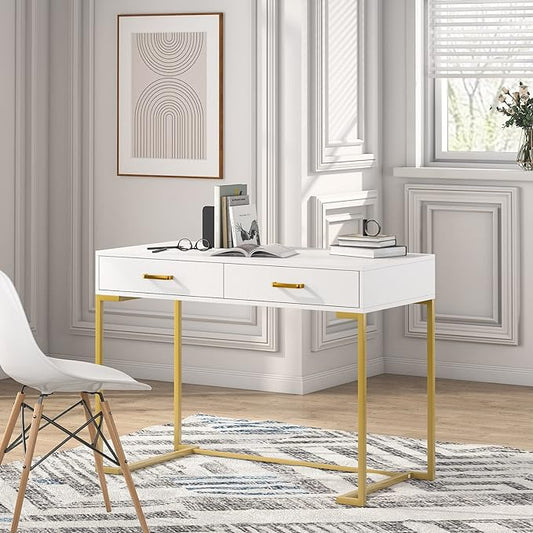 Modern Computer Desk/Writing with 2 Drawers for Bedroom Home Office Gold White Contemporary Rectangular Metal Wood Matte