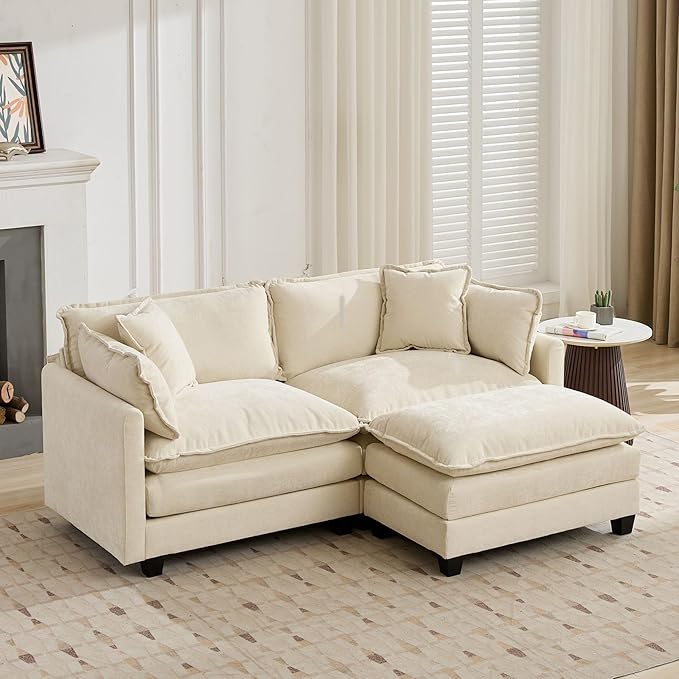 Setawix Modern Modular Sectional Sofa 78 Upholstered Chenille Loveseat with Movable Ottoman Comfy L-Shaped Sofa Oversized Deep Seat Cloud Couch with 2 Throw and Arm Pillows for Living Room Beige