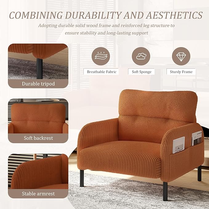 Orange Accent Chair - Corduroy Living Room Chairs with Side Storage Pockets and Durable Legs Comfy Arm Reading Chair with Soft Backrest for Bedroom Balcony Study Room