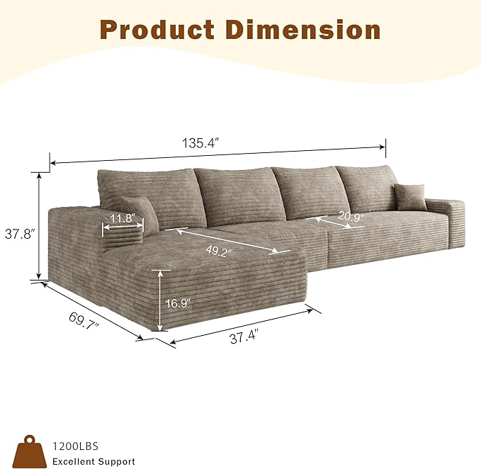 135 Corduroy Boneless Sectional Couch with Chaise No Assembly Required L Shaped Modular Sectional Sofa Boneless Couches for Living Room (Camel 4 Seater+Left Facing Chaise) | Compression Fluffy