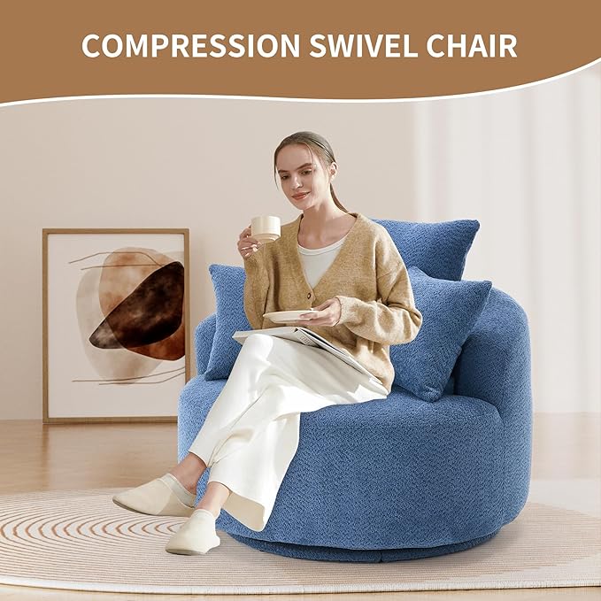 40” Blue Round Swivel Chair with 3 Pillows &amp Thick Cushion Oversized 360° Swivel Accent Chair Modern Boucle Armchair for Nursery Living Room Bedroom Club