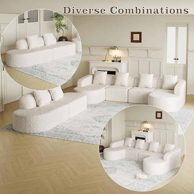 111.8' Curved Sectional Cloud Sofa Modern L Shaped Couch with Chaise &amp Pillows Comfy Upholstered Deep Seat Compression Boneless Sofa for Living Room Office No Assembly Required Right Facing W