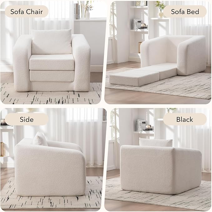 Convertible Sofa Bed Chenille Upholstered Pull Out Sofa Bed with Pillows 2-in-1 Sofa Chair with Minimalist Design Comfy Folding Mattress Couch for Apartment (Ivory Single Sofa Bed)
