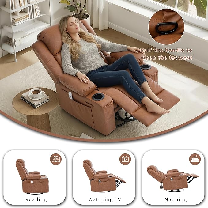 Rocker Recliner Chair with Heat and Massage360°Swivel Recliner Chair for Adults ElderlyOversized Recliner Single Sofa Seat with 2 Cup Holders and Side Pocket (Brown)