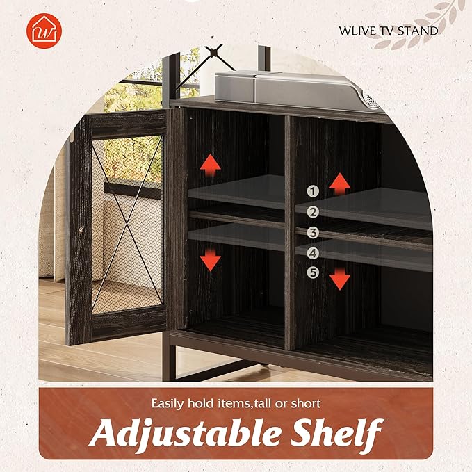 WLIVE TV Stand for 43 Inch TV Small Entertainment Center with Storage Cabinet &amp Adjustable Shelves Farmhouse Industrial TV Stands for Living Room and Bedroom 32 TV Console Black