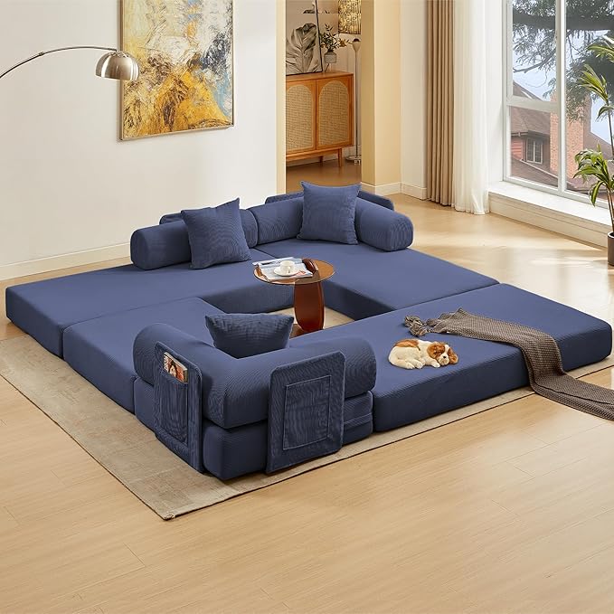 L Shaped Convertible Modular Boneless Sofa Bed with Cylindrical Pillow Corduroy Folding Floor Sofa Couch Bed with Fixed-Shape Frame &amp Storage Pocket for Living Room Blue