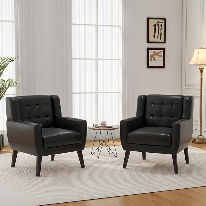Accent Chair Mid-Century Modern PU Leather Chairs with Arms for Living Room Comfy Upholstered Club Single Sofa Armchair for Bedroom Waiting Room with Solid Wood Frame（Leather Black Set of 2)