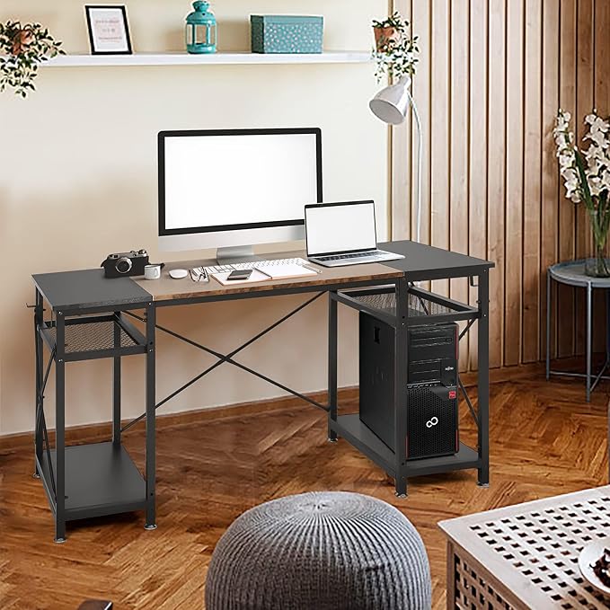 LUCKYERMORE 47 Inch Home Office Computer Desk Small Study Writing Desk with Storage Shelves &amp 4 Hooks Rustic Black Design Perfect for Small Spaces