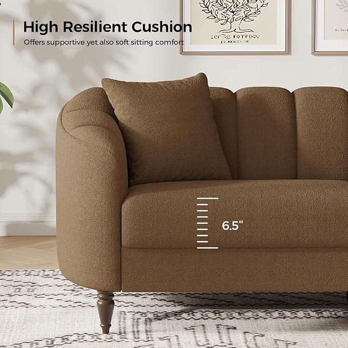 82 Inch Loveseat Sofa Modern Couch and Sofa Curved Petal Design Furniture Sturdy and Easy Installation Small Sofa for Living Room Bedroom Office and Apartment Terry Fleece Fabric Brown