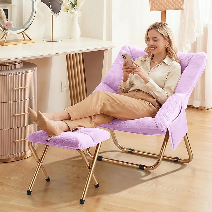 Comfy Saucer Chair Foldable Living Room Chairs Soft Faux Fur Lounge Chair for Bedroom Reading Chairs for Adults Teens X-Large (Lavender)