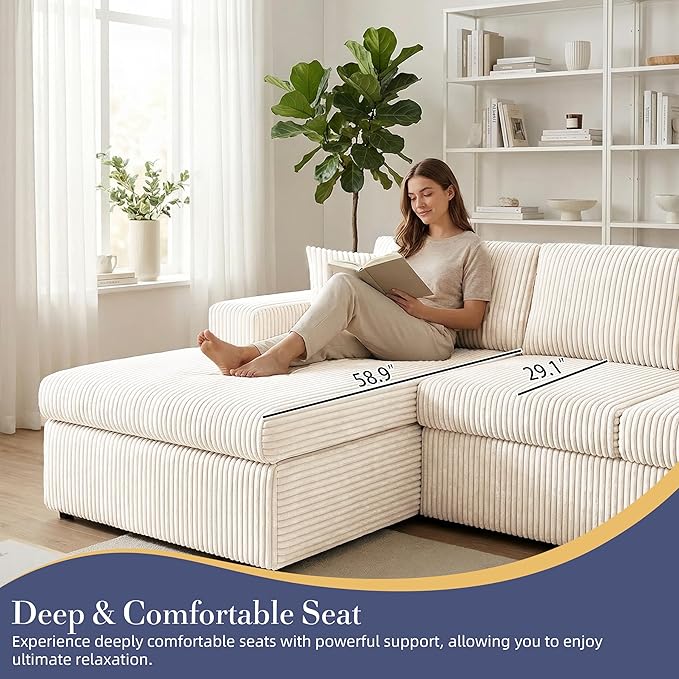Shintenchi 105 Modular Sectional Sofa Boneless L Shaped Couch with Deep Seat Cloud Foam Couch with Oversized Chaise Plush Corduroy Sofa No Assembly Needed for Living Room Beige