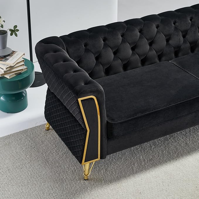 Modern Velvet Couch for Living Room 87.4 Inch Long Tufted Oversized Sofa Decor with Golden Metal Legs (Black)