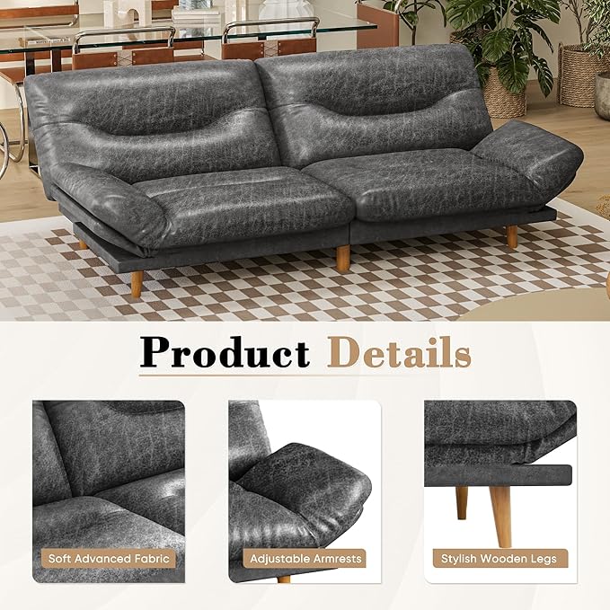 Homall Futon Sofa Bed Modern Loveseat Futon Couch with Adjustable Backrest and Armrests Sleeper Sofa Bed with Wood Frame for Living Room Office Apartment (Leathaire Coal Black)