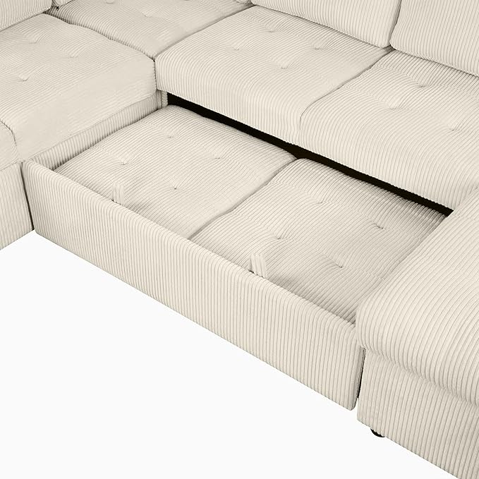 Modern 107.5 U-Shaped Sectional Sofa Convenient Pull-Out Sofa Bed with a Storage Chaise Lounge Corduroy 5 Seat Couch with Charging Devices for Living Room Apartment (Beige-8.18)