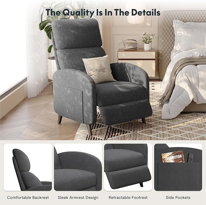 FLEXISPOT XC2 Recliner Chair for Adults Fabric Small Reclining Chair Home Theater Seating with Side Pockets Adjustable Modern Single Sofa Armchair Extended Footrest for Living Room(Gray)