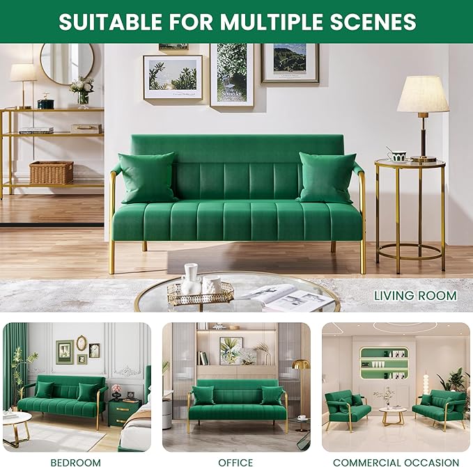 Yaheetech 56.5 W Modern Sofa Small Sofa Luxurious Velvet Fabric Couch with Gold-Tone Metal Arms and Legs for Living Room Home Office Studio Green