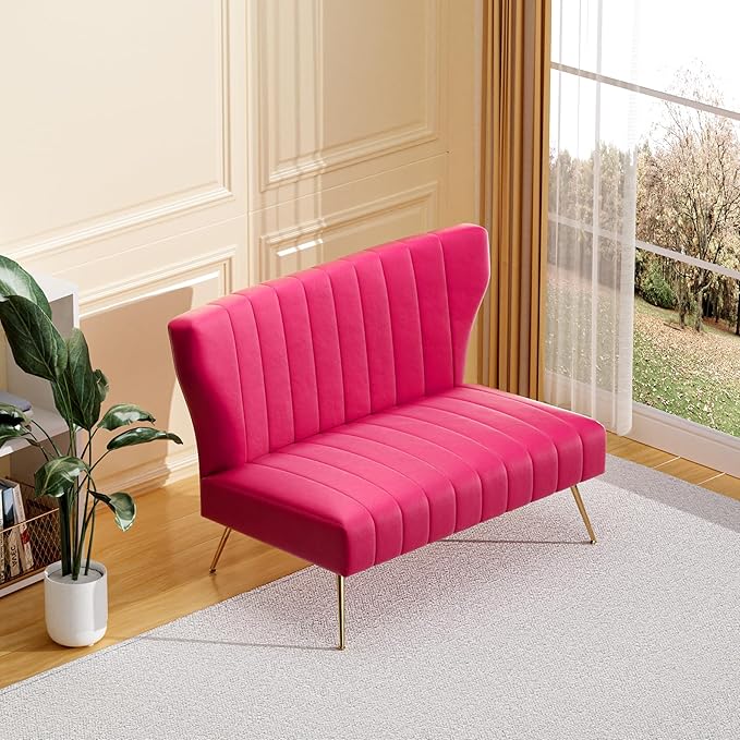50’’ Velvet Modern Armless Loveseat for Living Room Bedroom Upholstered Small Wingback Couch Sofa with Gold Metal Legs &amp 2 Seater (Fuchsia 50 Loveseat)