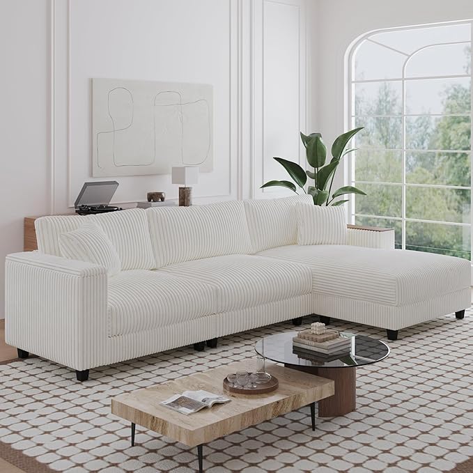 Modular Sectional Sofa 114.5 Convertible L Shaped Couch with Corduroy Fabric 3 Seater Corner Sleeper Sofa with Chaise Storage Armrests &amp 2 Pillows Modern Comfy Upholstered Couches for Living