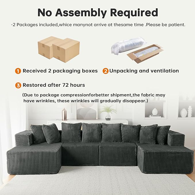 131 Cloud U-Shaped Sectional Sofa Modular Boneless Couch with Chaise4-Seater Couch for Living RoomPlush Corduroy Fabric No Assembly Required (Grey)