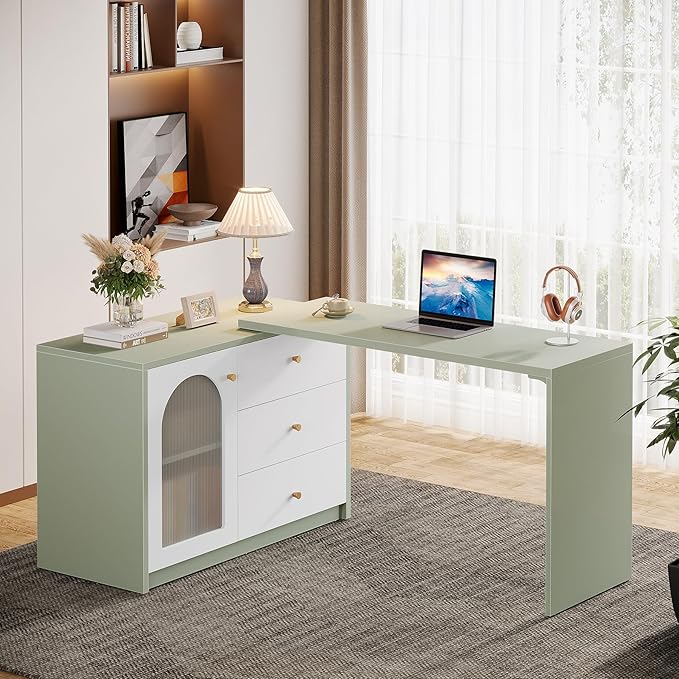 Tribesigns L-Shaped Computer Desk with Drawers Modern Corner Home Office Desk with Reversible Storage Cabinet Long Study Writing Desk Workstation for Home Office Cyan &amp White