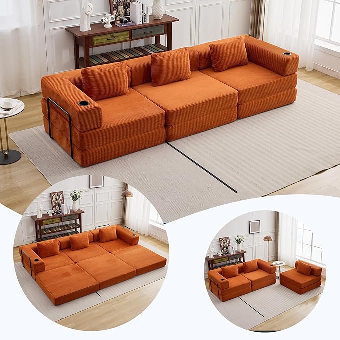 118 Oversized Sectional Couches Convertible Floor Sofa Bed with Cup Holder Boneless Foldable Mattress Cloud Couch with Pillow Back &amp Armrest for Living Room Bedroom Lounge(Corduroy Orange)