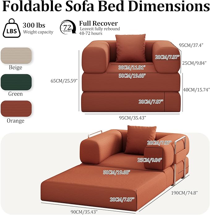 Folding Sofa Bed 2 in 1 Convertible Sofas to Lounger Comfy Single Bean Bag Chair Floor Portable Foldable Sleeper Lazy Futon Couch Chair for Bedroom Living Room(Orange 35.43 Single Sofa)