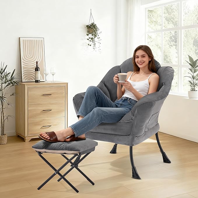 Lazy Chair with OttomanOversized Accent Chair with Thick Cushion Side PocketModern Lounge Arm Reading Chair and Folding Footrest for Living RoomBedroomOfficeDormApartment Darkgrey