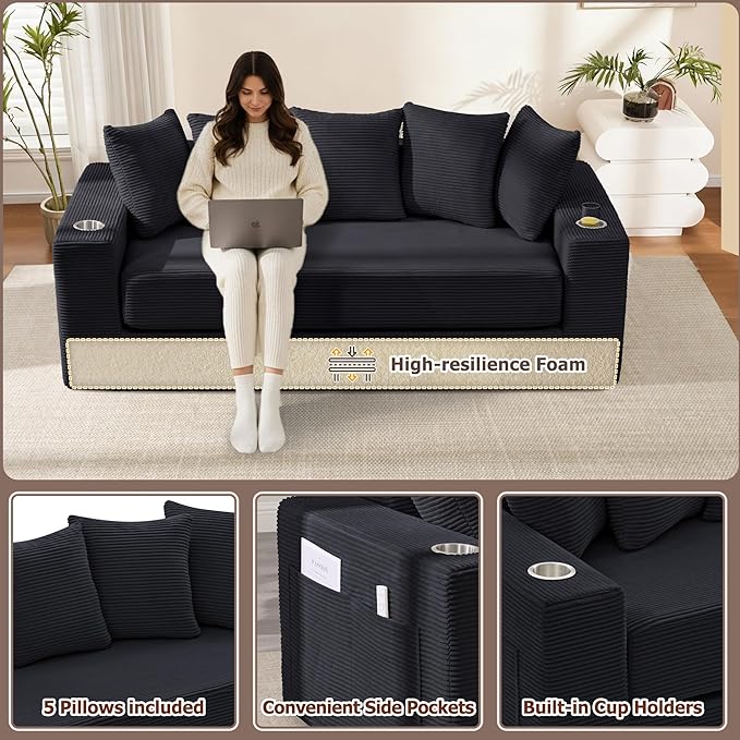 76 Convertible Sofa Bed 3-in-1 Loveseat Folding Couch with Cup Holder &amp Pocket Corduroy Boneless Pull-Out Sofa with 5 Pillows Deep Seat Futon for Living Room Apartment No Assembly Needed Bl