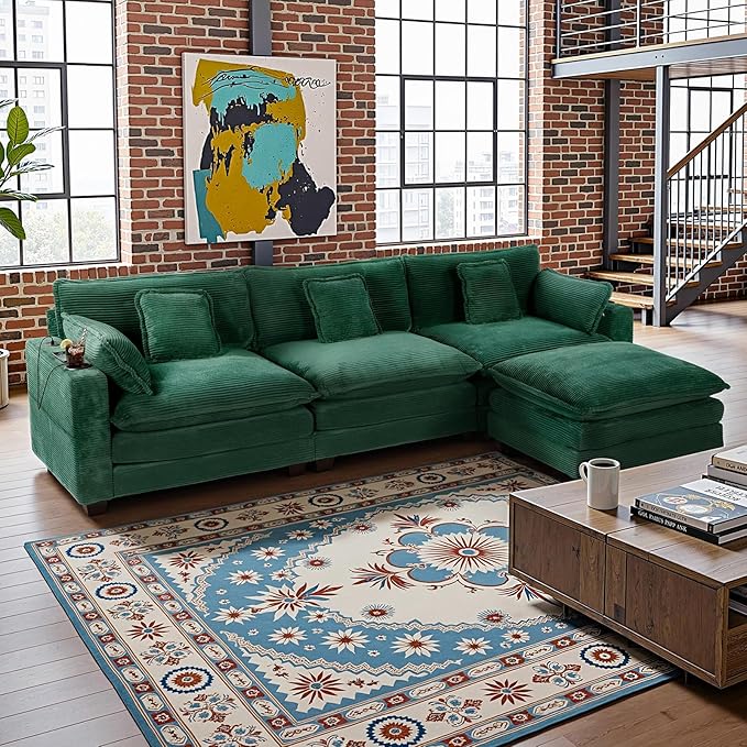 99 Modular Sectional SofaCouches for Living RoomModern Modular L-Shape Sofa with Ottoman &amp Side Pocket Cloud Sectional CouchCorduroy Oversized Sleeper Sofa with USB Port &amp Cup Holder (Gree