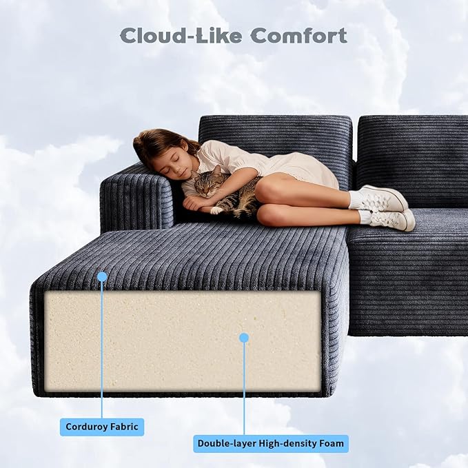 106 Corduroy Sectional Couch Boneless L Shaped Couch with Deep Seat Cloud Foam Sofa with Oversized Chaise Sectional Sofa No Assembly Needed for Living Room