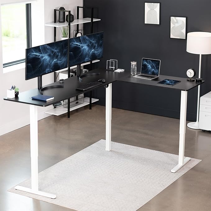 VIVO Corner Standing Desk 84 x 63 inch Reversible L-Shaped Workstation Electric Height Adjustment Home Office and Reception Rooms Black Table Top White Frame DESK-E3CTWB-84
