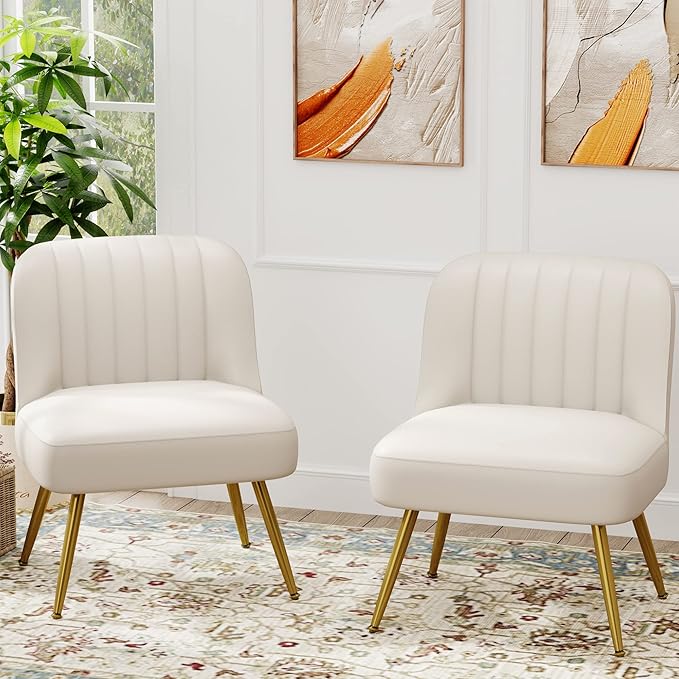 ALISH Faux Leather Accent Chairs Set of 2 Upholstered Living Room Chairs Modern Side Chairs Armless Chairs with Metal Legs (Beige Set of 2)