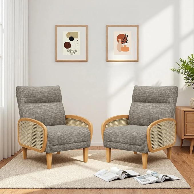 Rattan Accent Chairs Set of 2 Arm Chair with High Resilience Cushion Armchair with Sturdy Ash Wood for Living Room Brownish Gray