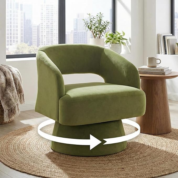 Comfy Swivel Barrel Chair for Living Room - Modern Upholstered Accent Chair with Teddy Fleece Hollowed Back &amp 360° Swivel Base Small Round Chair for Bedroom Reading Nook Office Green