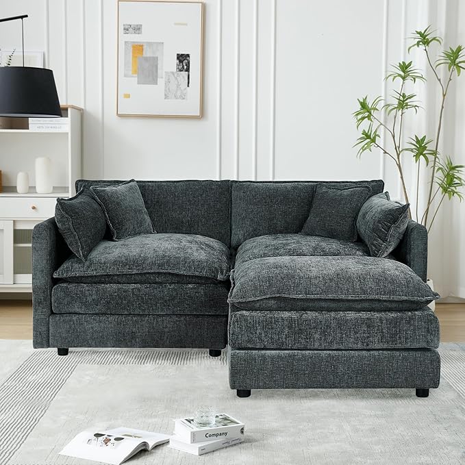 Aoowow Modular Sectional Sofa Modern Convertible Loveseat Couch77.16 Inch Deep 2-Seater Sofas Comfy Chenille Cloud Sofas and Couches Set with Movable Ottoman for Living Room Apartment（Grey）