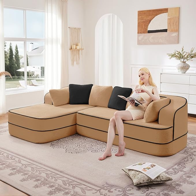105.9 Modular Sectional Couch Sofa for Living RoomHigh Density Sponge Boneless Sofa with Left ChaiseL-Shaped Cloud Couch with Soft Teddy FabricNo Assembly RequiredCamel