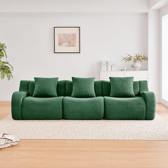 Boneless Cloud Couch Modular Sectional Sofa 115.3 Comfy Teddy Fabric 3 Seater Sofa Deep Seat Sectional Couches for Living Room Modern Small Couches for Small Space No Assembly Couch Green