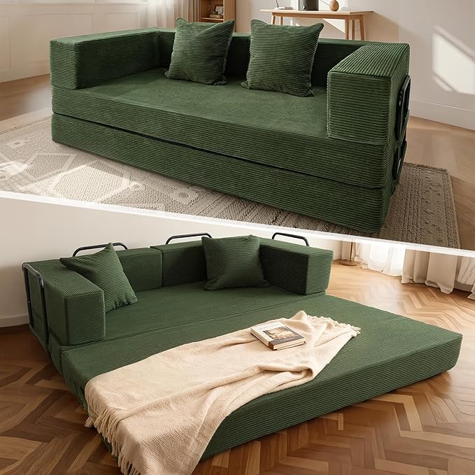 5‑in‑1 Futon Sofa Bed Queen– Floor Foldable Convertible Sofa Couch with L‑Shaped Armrests Removable Cover Green Convertible Guest Bed | Space‑Saving Fold‑Out Mattress Lounge for Living Room/Bedroom