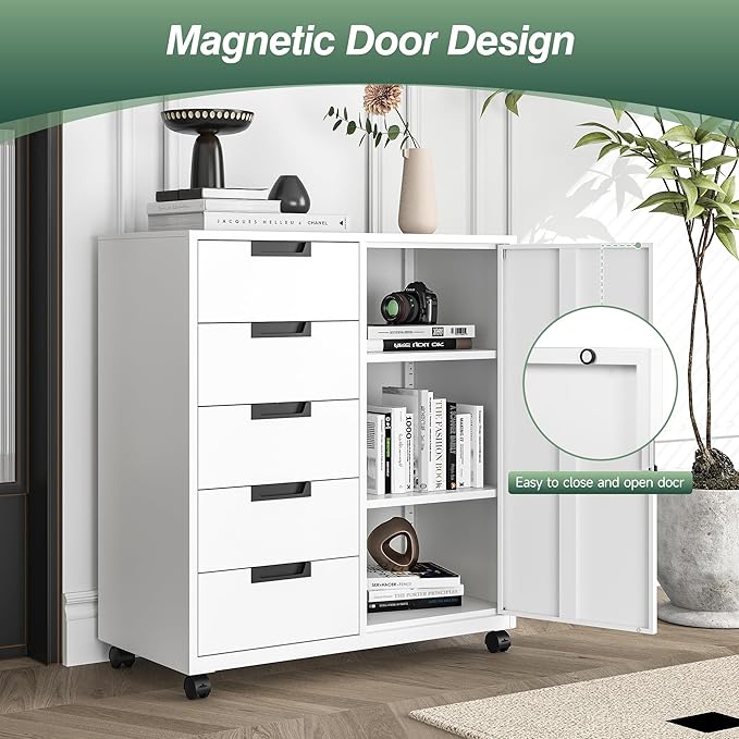 MIIIKO 5 Drawer Storage Cabinet with Door and Shelf Mobile Lateral Cabinet on Wheels Office Small Organizer Printer Stand White File Cabinets