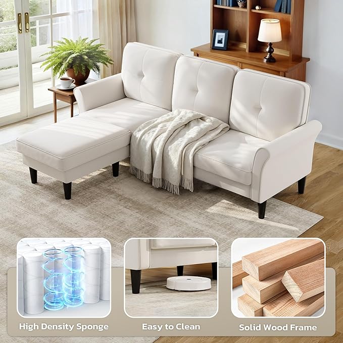 Sofas for Living Room 83 Velvet Sectional Couch with Moveable Ottoman Midcentury Modern Small Sectional Couch L Shape Sofa &amp 3 Seater Couches for Living Room Apartment Bedroom Beige
