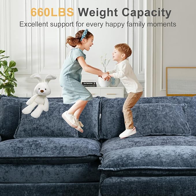 Modular Sectional Sofa 86 L Shaped Couch Set with Movable Ottoman Chenille Comfy Cloud Couch Sectional Set Extra Deep Seat Sofa with 2 Pillows for Living Room (Blue 2-Seat &amp 1-Ottoman)