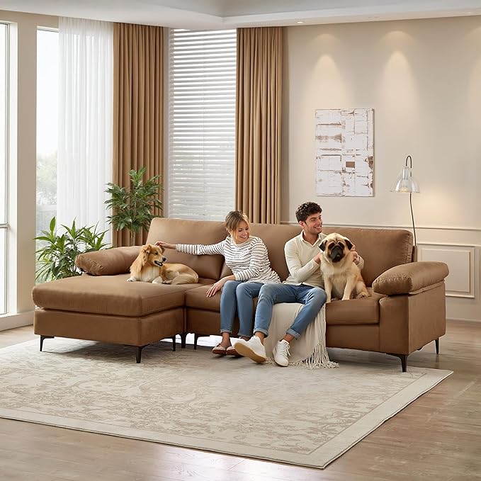 100.8''Sectional Couches for Living Room L Shaped Couch Faux Leather Couch Modular Sofa with Chaise and Back Cushions for BedroomApartment(Brown 100.8'')