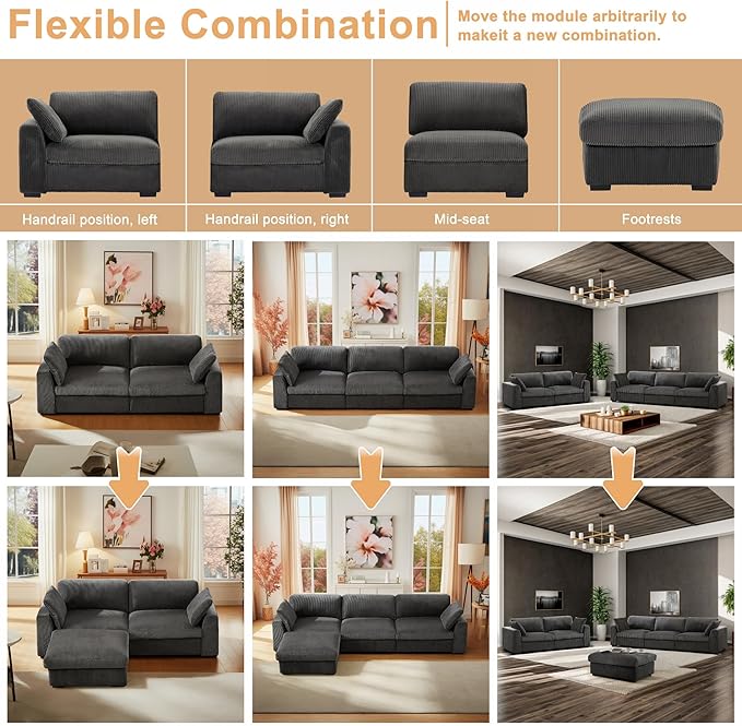 130 Sectional Couches for Living Room Boneless Couch Upholstered Cloud Couch Sectional Modular Sectional Sofa with L Shaped (Dark Grey 3 Seat+1 Ottoman)