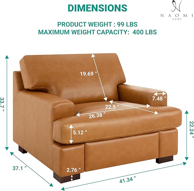 Siggy 400 LBS Capacity Genuine Leather Accent Chair – Goose Feather Cushion Filling for Cloud-Like Comfort Easy Assembly Tan Mid-Century Modern Single-Seat Sofa for Living Room