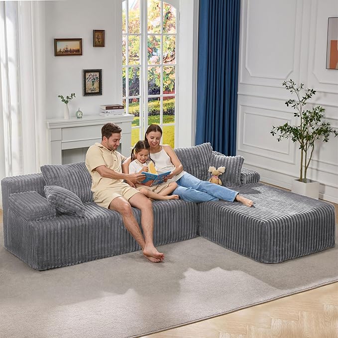 Modular Sectional Sofa Couches L-Shape Couch 3 Seat Modular Sofa Memory Foam Sectional Couches for Living Room Cloud Couch with Oversized Chaise (Light Grey Stripe 108 Right Facing Chaise)