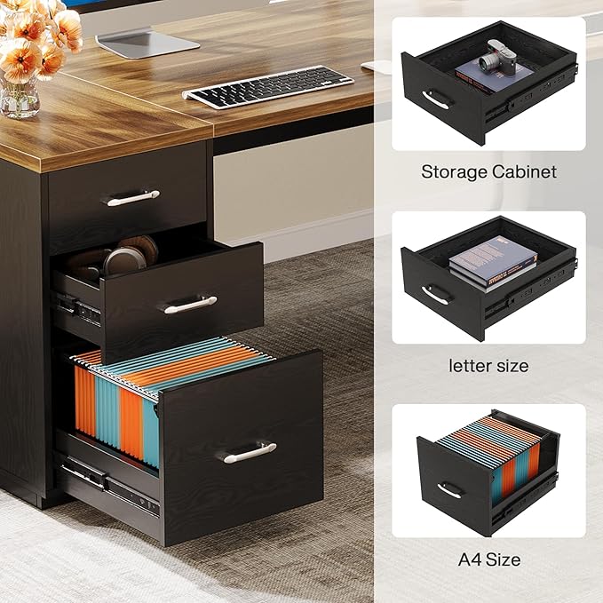 Tribesigns 85.8-Inch L-Shaped Executive Desk Extra Large Modern Office Desk with File Drawers Door Cabinet &amp Shelves Commercial Office Table Home Business Workstation Brown &amp Black
