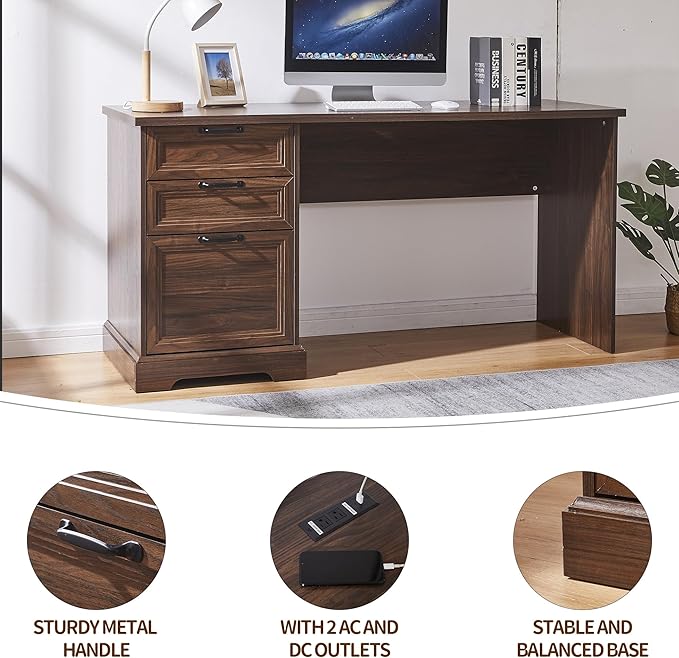 60 L-Shaped Executive Desk with 40 File CabinetFarmhouse Home Office Desk with Charging StationWood Computer Desk Set for Office WorkHome Study (Brown)